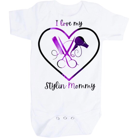 Baby Bodysuit with I Love My Stylin Mom with Scissors, Comb and Blow Dryer. Perfect for Hairdresser Baby. 1st Keepsake!