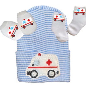 NEWBORN Hospital Hat. Newborn Beanie.  Baby Hat with  Ambulance and Option to Add No Scratch Mittens and Socks Paramedics Baby Gift