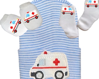 NEWBORN Hospital Hat. Newborn Beanie.  Baby Hat with  Ambulance and Option to Add No Scratch Mittens and Socks Paramedics Baby Gift