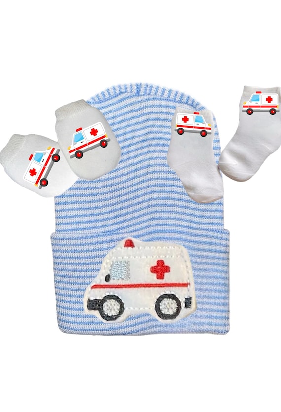 NEWBORN Hospital Hat. Newborn Beanie.  Baby Hat with  Ambulance and Option to Add No Scratch Mittens and Socks Paramedics Baby Gift