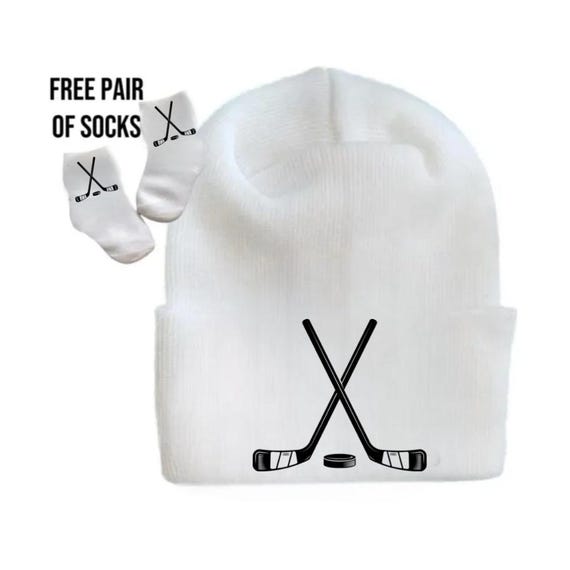 Newborn Hat Hockey with FREE SOCKS & Optional Mittens. Choose Stick Color. Gender Reveal, Surprise Dad! Coming Home Hat, Cute Baby Gift