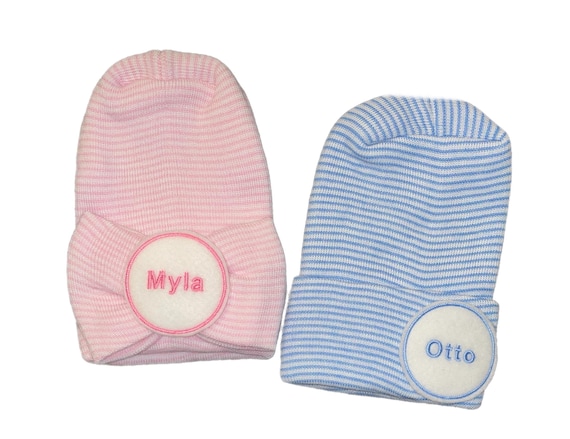Twins! 2 Newborn Hospital Hats With Names! Newborn Baby Hats! Great for Gender Reveal. You pick Hat Color
