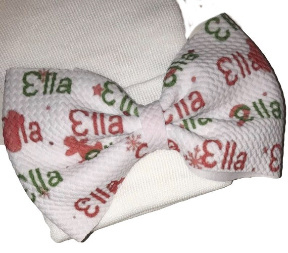 Girls Holiday Christmas Bow with NAME on Hat, Headband or Clip! Custom Made Fabric Bow. EXCLUSIVE