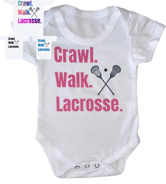 Baby Bodysuit with Crawl Walk Lacrosse You Choose Size and Word Color. GREaT GiFT  1st Keepsake