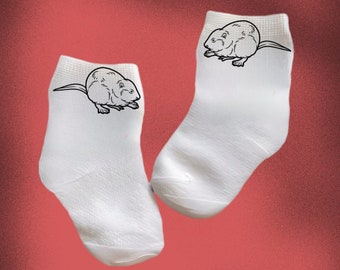 Baby/Toddler/Child Socks with cute muskrat. Multiple sizes offered. Choose from 0-6 months to 10 years.  Every Baby Needs. Cute Baby Gift!