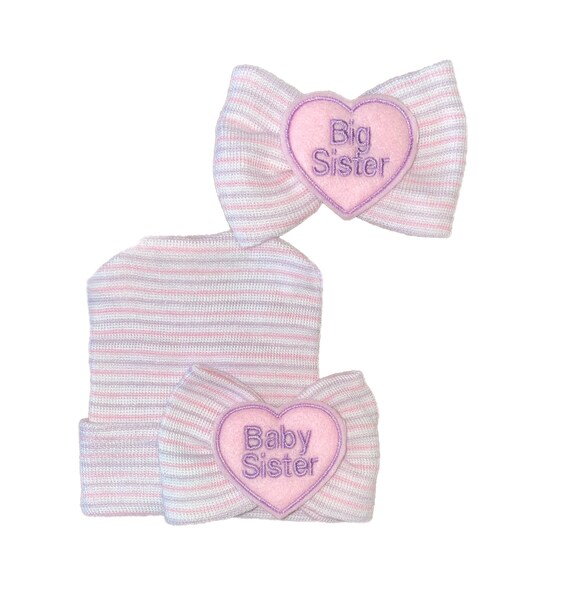 Newborn Girl Hat with Baby Sister Heart on Bow Newborn Hospital Beanie And Big Sister Bow. Baby Newborn Hats.  Baby and Big Sister
