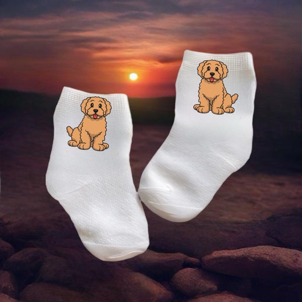 Baby/Toddler/Child Cute Golden doodle Dog Socks. Multiple sizes offered. Choose from 0-6 months to 10 years. Cute Gift!