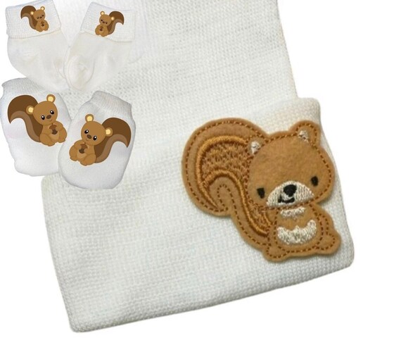 Newborn Hospital Hat with Option to add No scratch Mittens and Socks With Squirrels. Choice of Hat Colors. Newborn Hats. Great Gift!