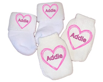 MITTENS with option to add matching socks No scratch Mittens with NAME.  Perfect Shower / Newborn Gift! Every Baby Needs. Every Mom Loves!