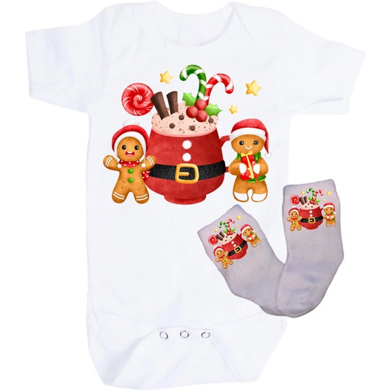 Christmas Baby Bodysuit with Option to add Socks and No Scratch Mittens. Size 0-3 Months to 24 Months. EXCLUSIVELY FOUND HeRe!