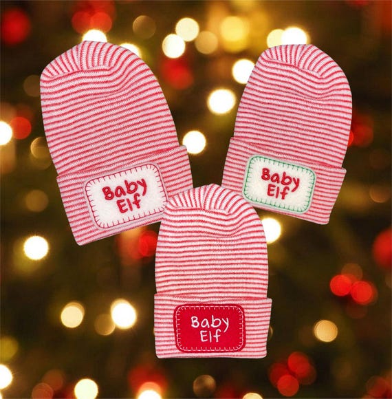 hOLIdAY Babies! Newborn CHRISTMAS Red/White Stripe Holiday Hospital Hat with Custom Made Baby Elf for Boy or Girl! Baby Elf! You Choose.
