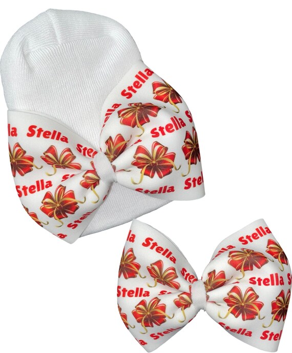 Girls Holiday Christmas Bow with NAME on Hat, Headband or Clip! Custom Made Farbic Bow. EXCLUSIVE