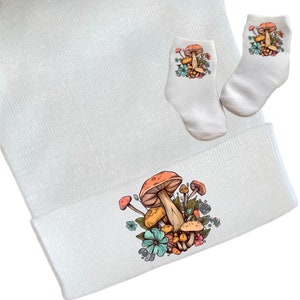 Newborn Hospital Hat Mushroom. Option to add Socks & Mitts.Great Gift. Baby&#39;s 1st Keepsake. Cute