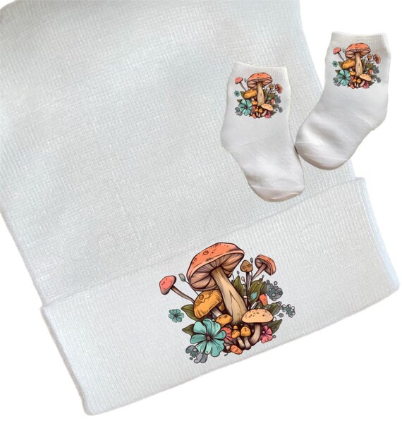 Newborn Hospital Hat Mushroom. Option to add Socks & Mitts.Great Gift. Baby's 1st Keepsake. Cute