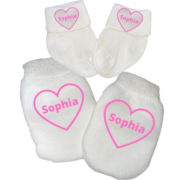 MITTENS with option to add matching socks No scratch Mittens with NAME.  Perfect Shower / Newborn Gift! Every Baby Needs. Every Mom Loves!