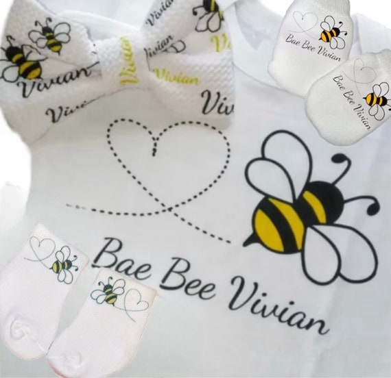 Baby Bodysuit with Name. Bae BEE. Add name at checkout. You choose size. 1st Keepsake! GREaT GiFT Option to add Mittens Socks Headband