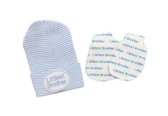 Baby Littlest Brother Hat Rounded Top Newborn Hospital Hat with Littlest Brother. Option to add Mitts  Every New Baby Should Have! Adorable!