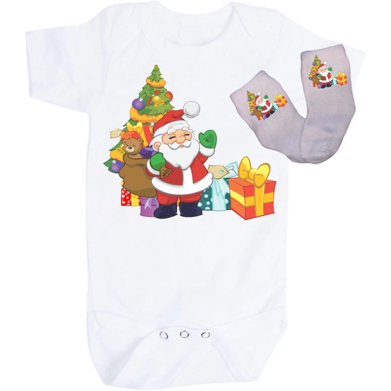 Christmas Baby Bodysuit with Option to add Socks and No Scratch Mittens. Size 0-3 Months to 24 Months. EXCLUSIVELY FOUND HeRe!