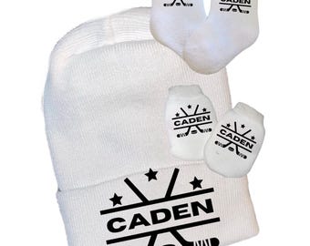 Newborn Hat Hockey Fan. Personalized and OPTIONal Mittens and Socks.  1st Keepsake, Gender Reveal, Surprise Dad!