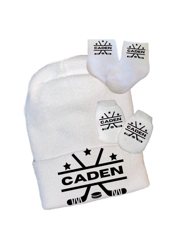 Newborn Hat Hockey Fan. Personalized and OPTIONal Mittens and Socks.  1st Keepsake, Gender Reveal, Surprise Dad!