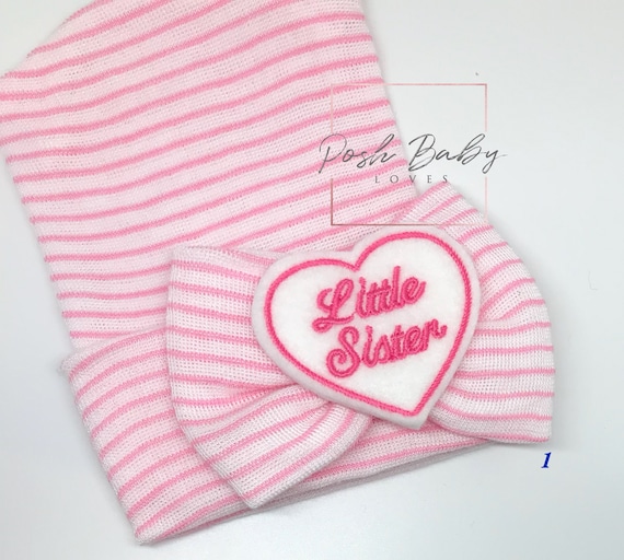 Newborn Girl Hat with Little Sister Embellishment on Big Bow Newborn Hospital Beanie.  Baby Newborn Hats.  Little Sister