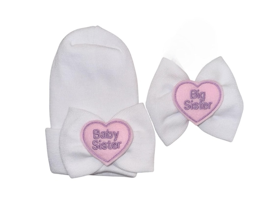 Newborn Girl Hospital Beanie: Baby Sister Bow, Middle Sister & Big Sister Set
