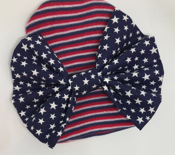 Baby Hat. Patriotic Red White & Blue Stripes with BIG Stars blue Bow! Great Gift. Baby's 1st Keepsake. July Baby. May Baby. September Baby