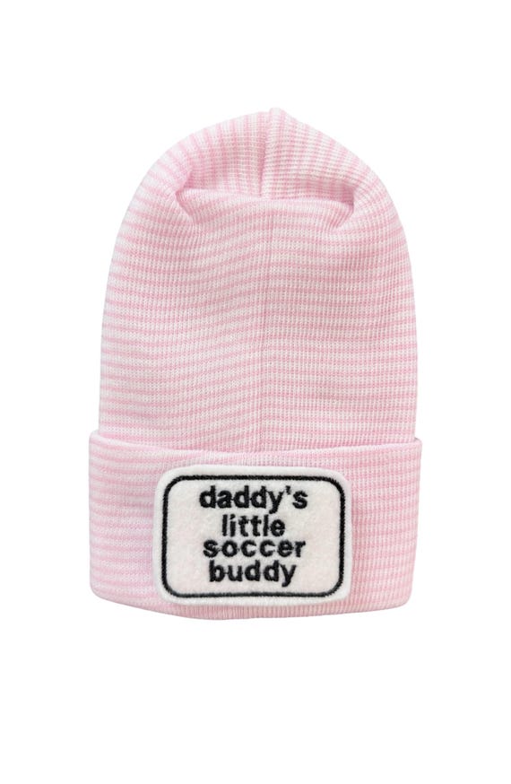 Newborn Hospital Hat daddy's little soccer buddy. 1st Keepsake, Surprise Dad! You choose hat and word color.
