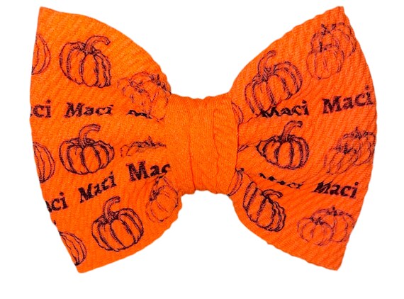 Girls Orange Bow with NAME and Pumpkins on Hat, Headband or Clip! Custom Made Fabric Bow. EXCLUSIVE