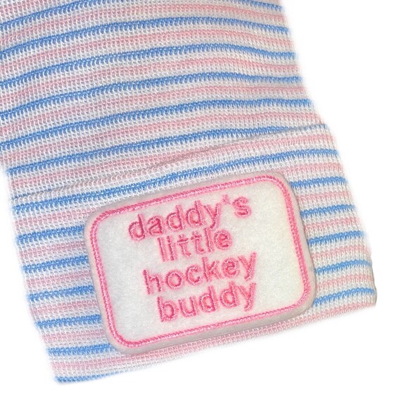 Newborn Hospital Hat daddy's little hockey buddy. 1st Keepsake, Baby Hat. Gender Reveal, Surprise Dad! Coming Home Hat, Cute Baby Gift