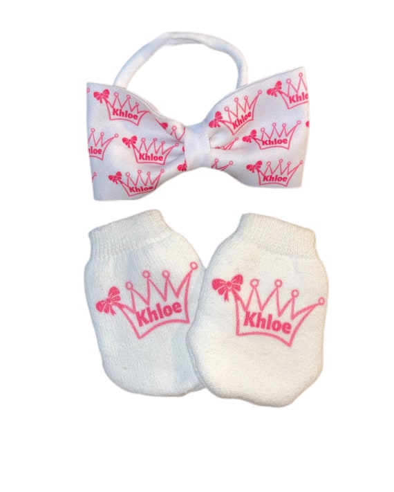 Bow Headband, & Newborn no scratch Mittens With Name. Perfect Shower / Newborn Gift! Every Baby Needs. Cute Baby Gift!