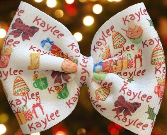 Girls Holiday Bow with NAME on Nylon Headband , Newborn Hat or or Alligator Clip! Custom Made Farbic Bow. EXCLUSIVE