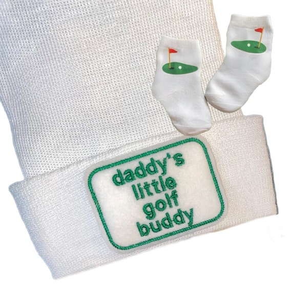Newborn Hospital Hat daddy's little Golf buddy AND Socks. Gender Reveal, Surprise Dad! Coming Home Hat, Cute Baby Gift