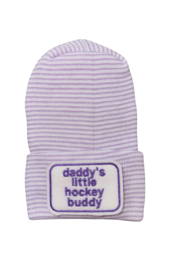 Newborn Hat daddy's little Hockey buddy. CHOOSE WoRD and Hat COLOR  1st Keepsake, Gender Reveal, Surprise Dad!