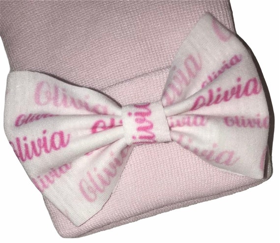 Girls Bow Hat or Headband with NAME! Baby Girl Bow!  Custom Made Farbic Bow. Newborn Hospital Hat. Newborn Hat. Infant Beanie. EXCLUSIVE