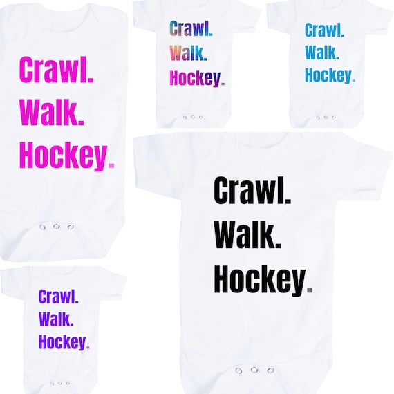 Baby Bodysuit with Crawl Walk Hockey You Choose Size and Word Color. GREaT GiFT  1st Keepsake