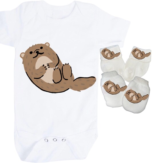 Otter Baby Bodysuit with No Scratch Mittens and Socks! Size 0-3 Months. EXCLUSIVELY FOUND HeRe!
