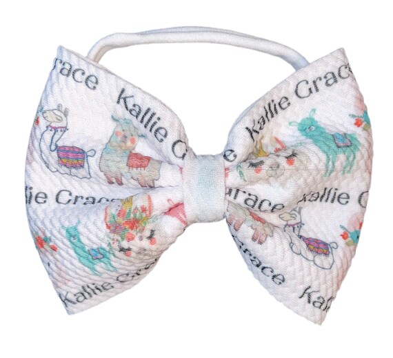 Girls Bow Hat or Headband with Cute Llamas & NAME! Baby Girl Bow!  Custom Made Fabric Bow. Newborn Hospital Hat. Newborn Hat.  EXCLUSIVE
