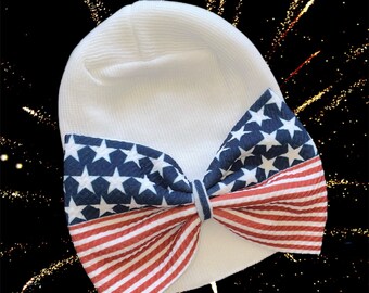 Newborn Hospital Hat or Headband. Patriotic Red White Stripes with Stars Bow! Great Gift. Keepsake.