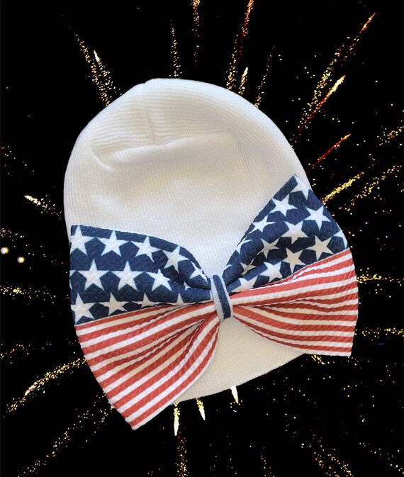 Newborn Hospital Hat or Headband. Patriotic Red White Stripes with Stars Bow! Great Gift. Keepsake.