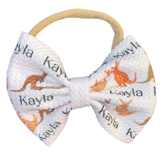 Girls Bow Hat or Headband with Cute Kangaroos & NAME! Baby Girl Bow!  Custom Made Fabric Bow. Newborn Hospital Hat. Newborn Hat.  EXCLUSIVE