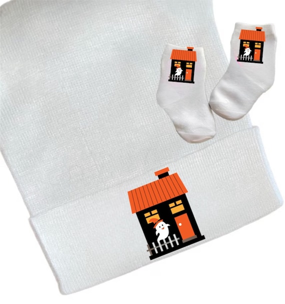 Newborn Hospital Hat Ghost and House. Option to add Socks & Mitts.Great Gift. Baby's 1st Keepsake. Cute