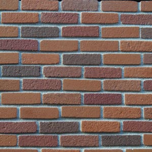 May include: A brick wall with a staggered pattern of red, brown, and gray bricks.