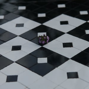 May include: A close-up of a black and white checkered floor with a small cluster of purple flowers in the center.