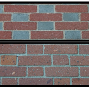 May include: Two close-up images of brick walls. The top image shows a brick wall with alternating red and gray bricks. The bottom image shows a brick wall with mostly red bricks with some gray mortar.