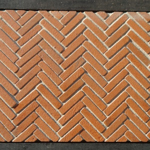 May include: A close-up of a brick floor with a herringbone pattern. The bricks are a reddish-brown color and are arranged in a staggered pattern.