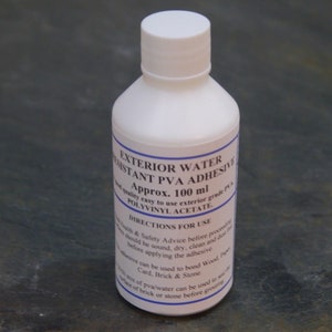 May include: A white plastic bottle of exterior water resistant PVA adhesive. The bottle is labeled with the text "Exterior Water Resistant PVA Adhesive", "Approx. 100 ml", "Polyvinylacetate", and "Directions for Use".