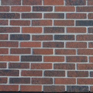 May include: A brick wall with a staggered pattern of red and dark brown bricks. The bricks have a rough texture and are set in a light gray mortar.