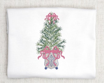Diseño de bordado navideño, diseño de bordado a máquina de árbol con cinta y lazo. Bordado a máquina de vacaciones, bordado navideño