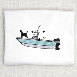 Diseño de bordado de barco con perro, barco de pesca oceánica, archivo de bordado a máquina, consola central, bordado náutico para amantes de los perros, bordado de barco